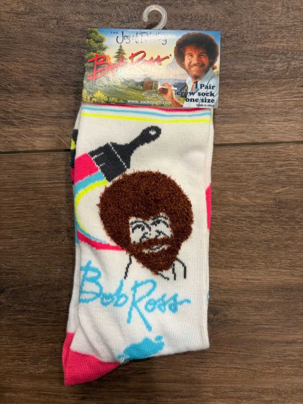 Bob Ross Men's Crew Socks - White with Pink & Blue Accents